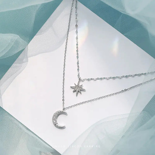 Trendy Silver-Plated Moon and Star Layered Necklace