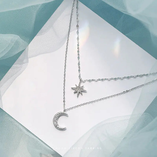 Trendy Silver-Plated Moon and Star Layered Necklace