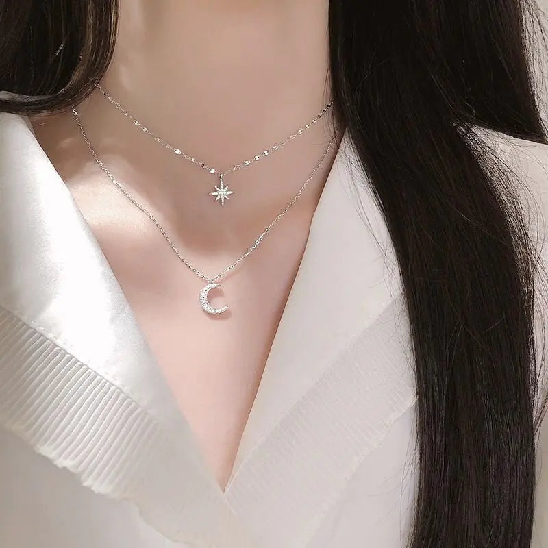 Trendy Silver-Plated Moon and Star Layered Necklace