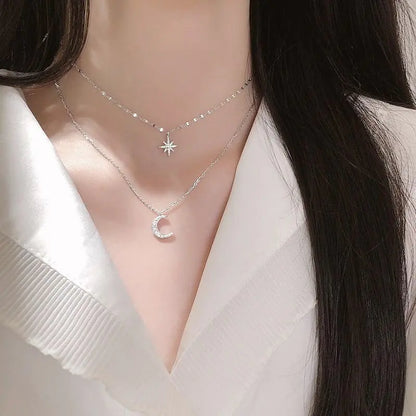 Trendy Silver-Plated Moon and Star Layered Necklace