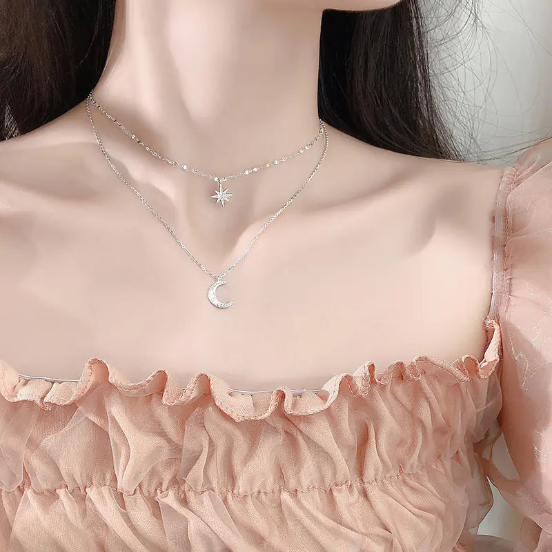 Trendy Silver-Plated Moon and Star Layered Necklace