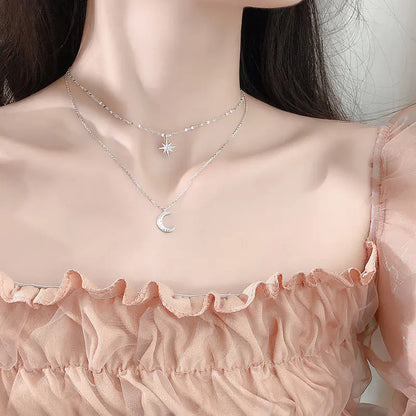 Trendy Silver-Plated Moon and Star Layered Necklace