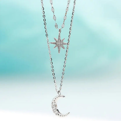 Trendy Silver-Plated Moon and Star Layered Necklace