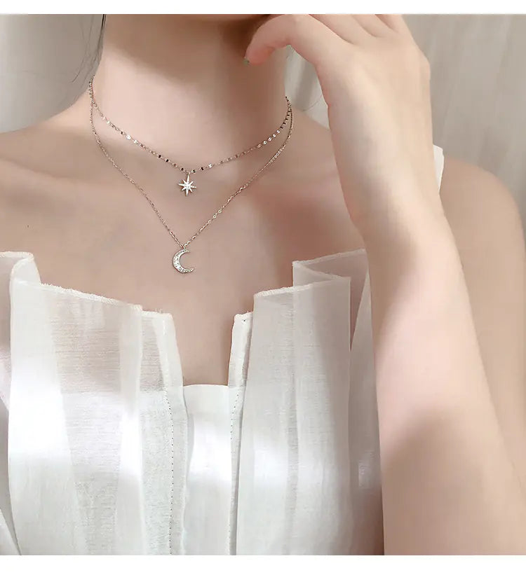 Trendy Silver-Plated Moon and Star Layered Necklace